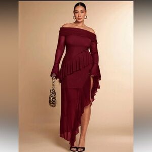 Elegant Burgundy Off-Shoulder Ruffle Dress